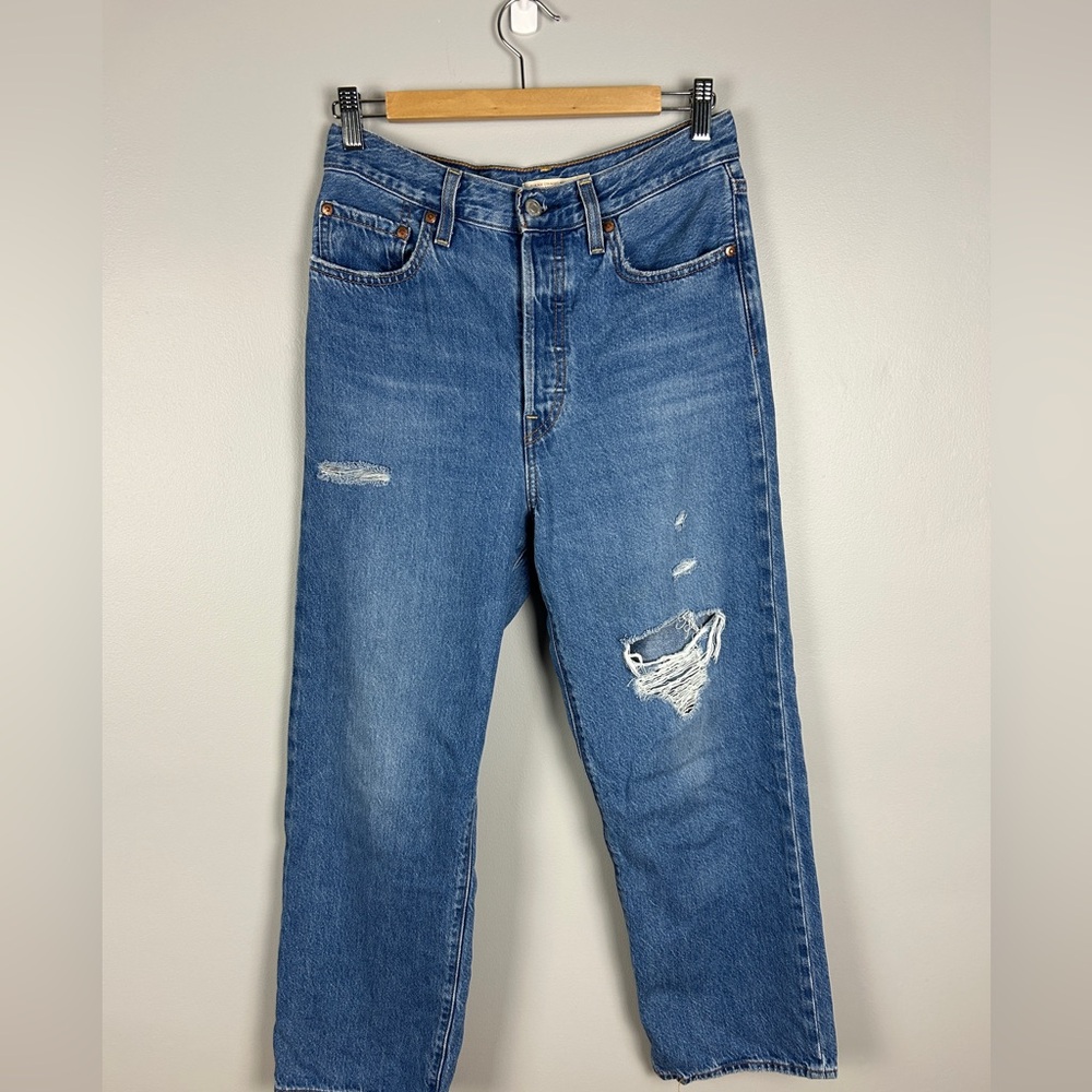 LEVI'S Ribcage Straight Ankle Jeans Distressed Size 28 Blue Casual High Rise